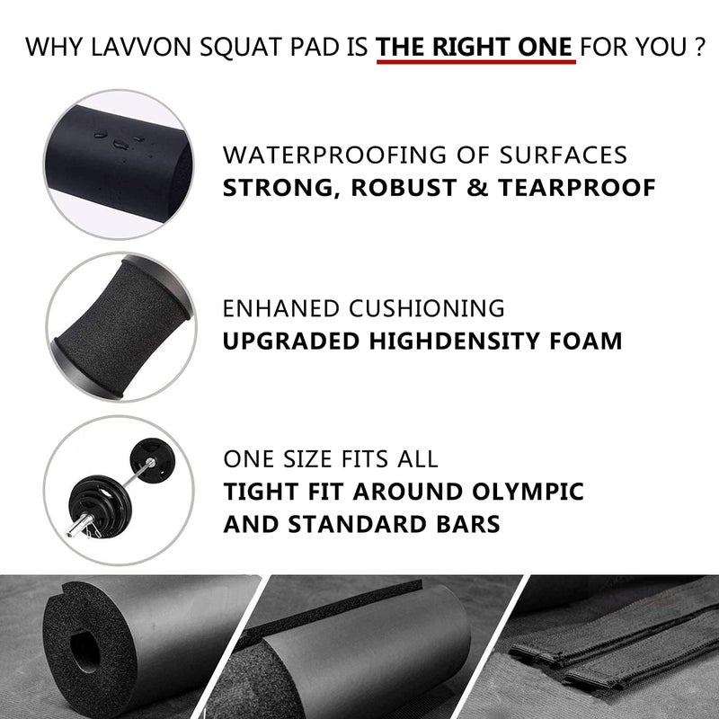 LAVVON Squat Pad - Foam Barbell Pad for Squats Cushion, Lunges & Bar Padding for Hip Thrusts - Standard Weight Bar Pad - Provides Cushion to Neck and Shoulders While Training (Black) - Image 3