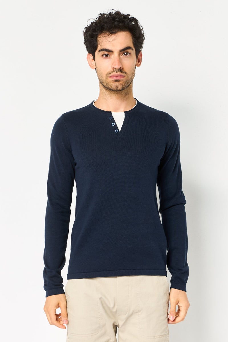 Celio Men Crew Neck Textured Sweater, Navy - Image 1