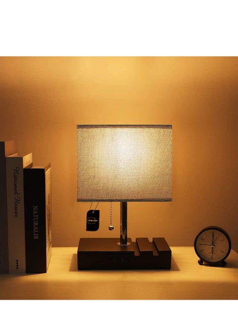 USB Charging Table Lamp Cloth Cover, Eye Protection, Chain Switch Night Lamp, Funky Zipper Switch with 2 USB Ports, Ideal for Bedroom Living Room Contemporary Home Decor