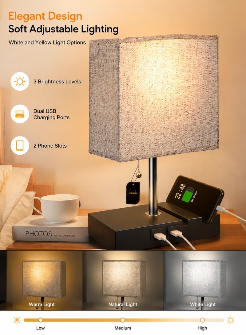 Sharpdo Modern Bedside Lamp with USB Charging Ports 3 Color Dimmable Fabric Table Lamp for Bedroom Living Room 20 × 12 × 16 cm - Image 1