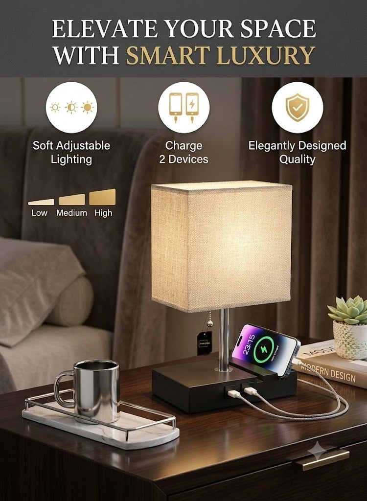 Sharpdo Modern Bedside Lamp with USB Charging Ports 3 Color Dimmable Fabric Table Lamp for Bedroom Living Room 20 × 12 × 16 cm - Image 2