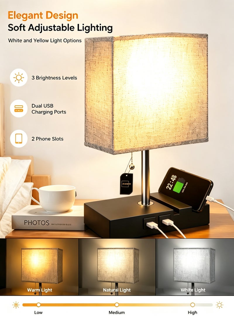 Sharpdo Modern Bedside Lamp with USB Charging Ports 3 Color Dimmable Fabric Table Lamp for Bedroom Living Room 20 × 12 × 16 cm - Image 1