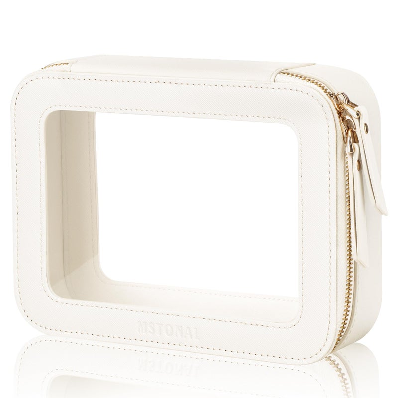 MSTONAL Clear Makeup Bag, Travel Toiletry Bag Cosmetic Case for Women, Waterproof Portable Make Up Skincare Pouch with Zipper, Compact Car Organizer Bag for Essentials, Medium Size, Ivory White - Image 1