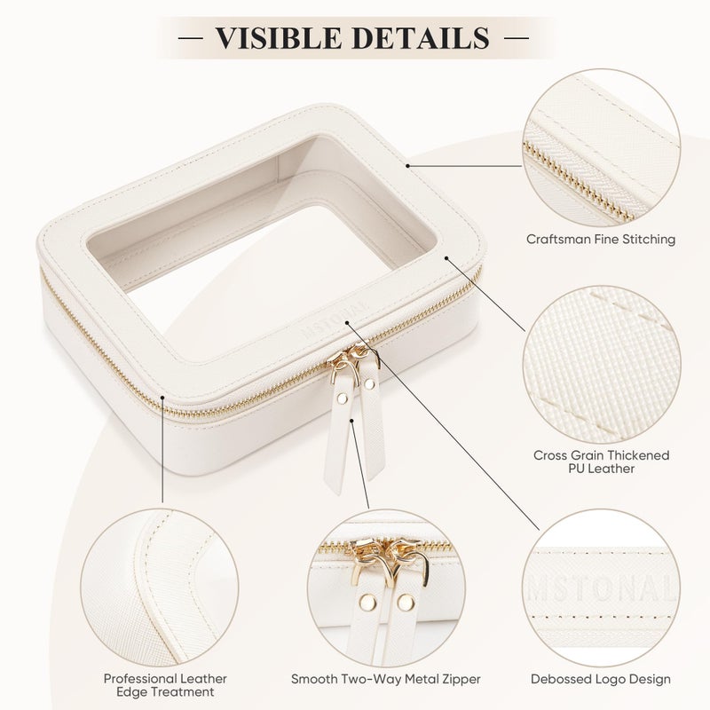 MSTONAL Clear Makeup Bag, Travel Toiletry Bag Cosmetic Case for Women, Waterproof Portable Make Up Skincare Pouch with Zipper, Compact Car Organizer Bag for Essentials, Medium Size, Ivory White - Image 3