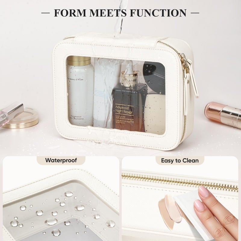 MSTONAL Clear Makeup Bag, Travel Toiletry Bag Cosmetic Case for Women, Waterproof Portable Make Up Skincare Pouch with Zipper, Compact Car Organizer Bag for Essentials, Medium Size, Ivory White - Image 4