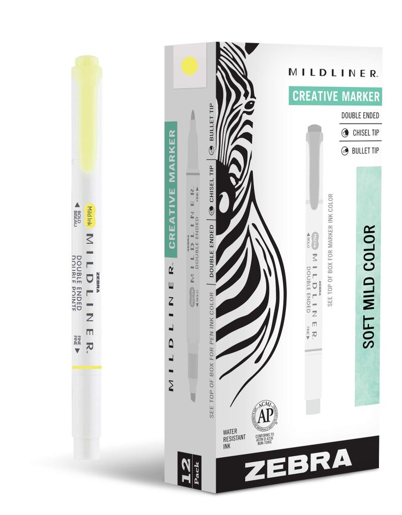 Zebra Pen Mildliner Dual-Tip Highlighters, Broad and Fine Tips, Ideal for Bible Highlighting, No Bleed, School Supplies, Teacher Supplies, and Office Supplies, Mild Yellow Ink, 12-Pack (78150upc) - Image 1