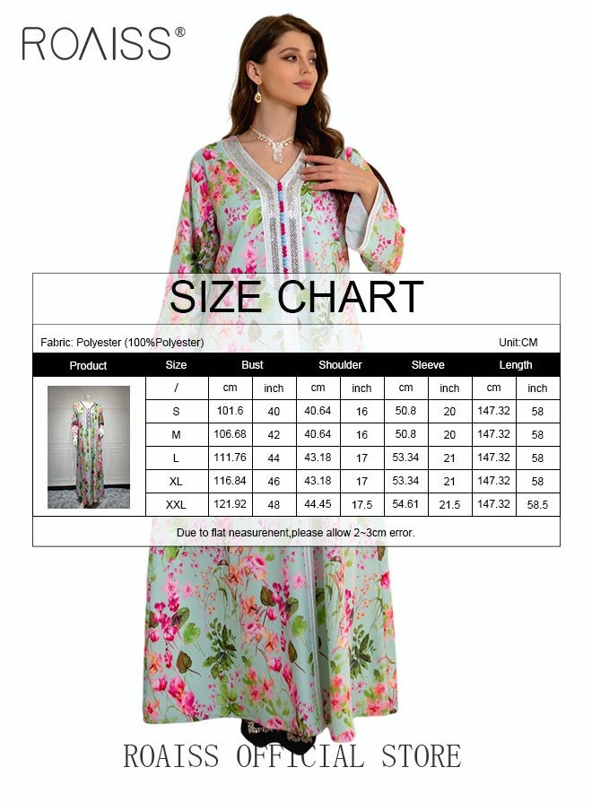 roaiss - Women's V-Neck Long-Sleeved Dress Floral Pattern Embroidery Front Arabian Robe - Image 1
