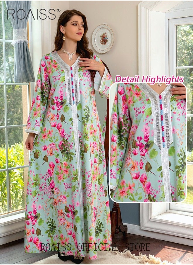roaiss - Women's V-Neck Long-Sleeved Dress Floral Pattern Embroidery Front Arabian Robe - Image 1