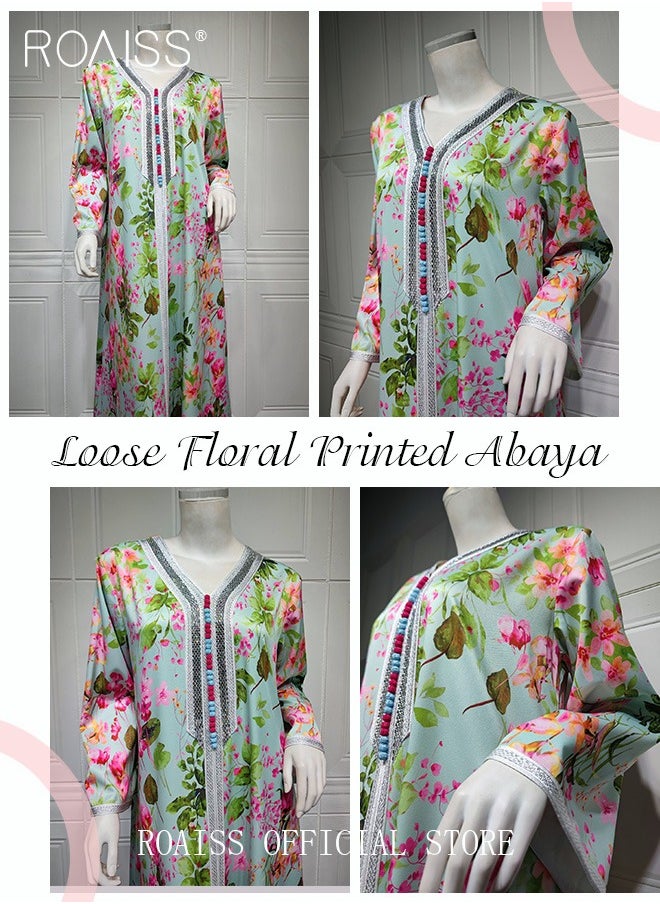 roaiss - Women's V-Neck Long-Sleeved Dress Floral Pattern Embroidery Front Arabian Robe - Image 1
