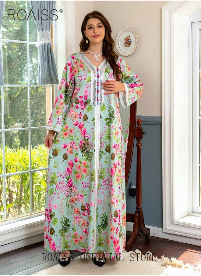 roaiss - Women's V-Neck Long-Sleeved Dress Floral Pattern Embroidery Front Arabian Robe - Image 1