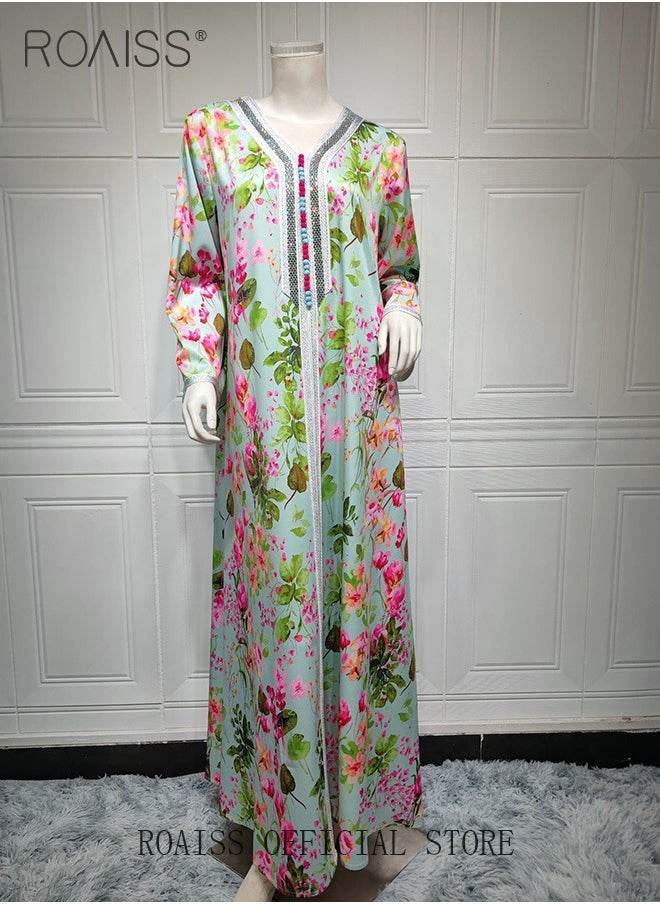 roaiss - Women's V-Neck Long-Sleeved Dress Floral Pattern Embroidery Front Arabian Robe - Image 1