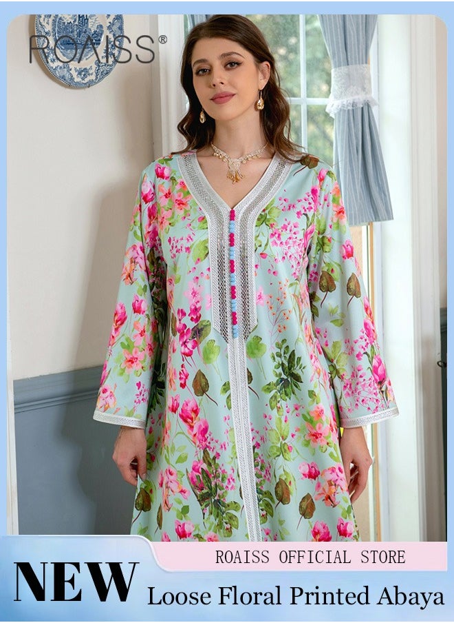 roaiss - Women's V-Neck Long-Sleeved Dress Floral Pattern Embroidery Front Arabian Robe - Image 1