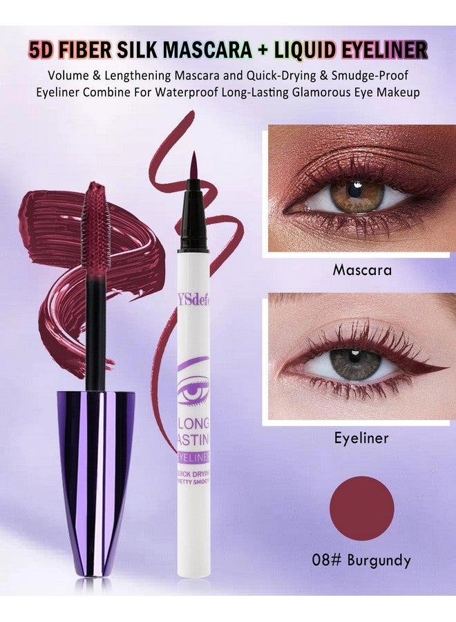 LYSdefeu Burgundy Mascara Liquid Eyeliner Set-5D Waterproof Silk Fiber Lash Extensions Colored Tubing Mascara Volume and Length,Longlasting Smudgeproof Eye Liner Pen,Christmas Eye Makeup Gift Kit for Women-08 - Image 2