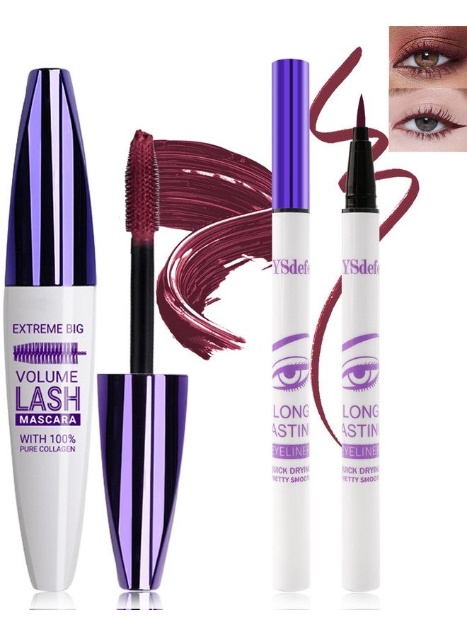 LYSdefeu Burgundy Mascara Liquid Eyeliner Set-5D Waterproof Silk Fiber Lash Extensions Colored Tubing Mascara Volume and Length,Longlasting Smudgeproof Eye Liner Pen,Christmas Eye Makeup Gift Kit for Women-08 - Image 1