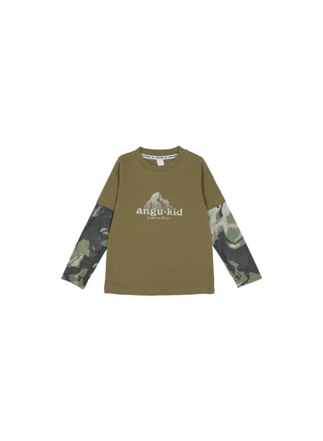 An Gu Yuan Bao Parent-child Matching Outfit Children's Long-sleeve T-shirt  Spring And Autumn New Style Girls' Fake Two-piece Top With Sheer Breathable Fabric