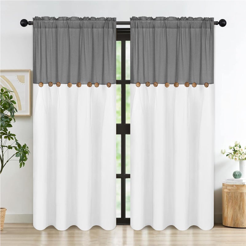 FRAMICS Farmhouse Cotton Linen Curtains for Living Room, Boho Button Curtains 84 Inch Length 2 Panels Set, Grey Rustic Country Linen Window Curtain for Bedroom Rod Pocket Drapes, 52 x 84 Inch, Grey - Image 2