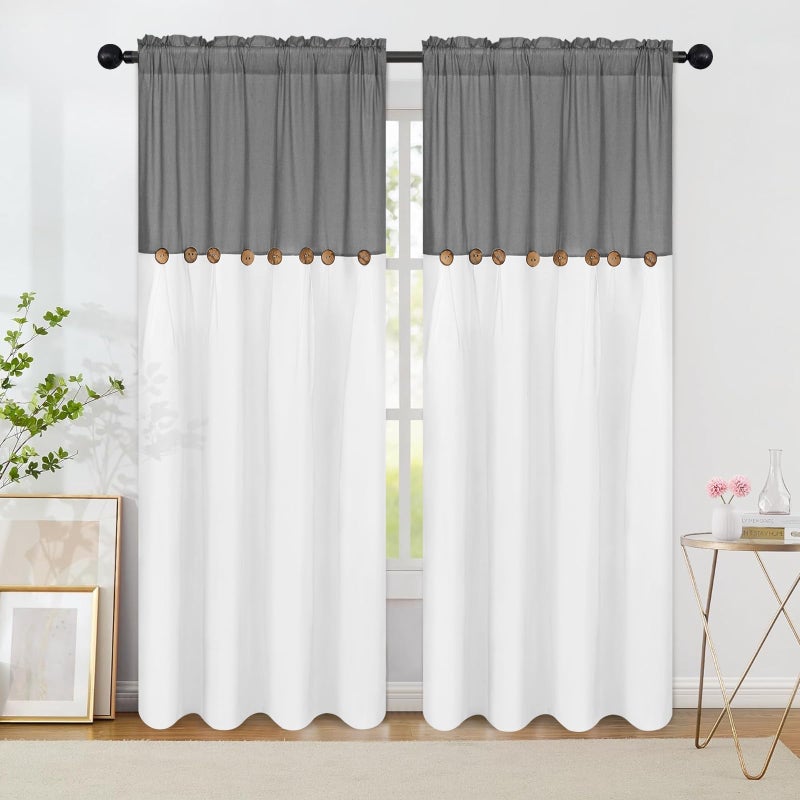 FRAMICS Farmhouse Cotton Linen Curtains for Living Room, Boho Button Curtains 84 Inch Length 2 Panels Set, Grey Rustic Country Linen Window Curtain for Bedroom Rod Pocket Drapes, 52 x 84 Inch, Grey - Image 1