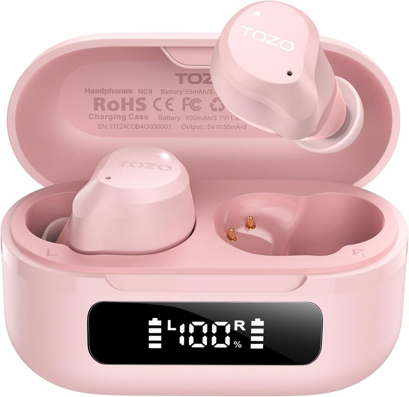 TOZO NC9 Hybrid Active Noise Cancelling Earbuds, 45dB ANC Wireless Earbuds, 6-Mic ENC for Clear Calls, Deep Bass, 59H Playtime, IPX8 Waterproof, Bluetooth 5.3 Ear Buds with App for Custom EQ (Pink) - Image 1