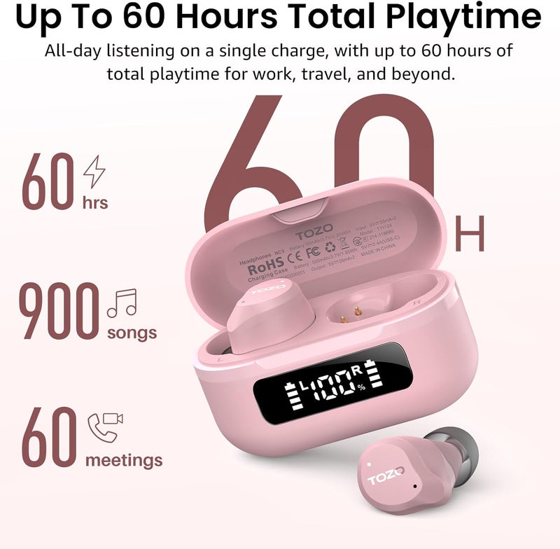 TOZO NC9 Hybrid Active Noise Cancelling Earbuds, 45dB ANC Wireless Earbuds, 6-Mic ENC for Clear Calls, Deep Bass, 59H Playtime, IPX8 Waterproof, Bluetooth 5.3 Ear Buds with App for Custom EQ (Pink) - Image 2