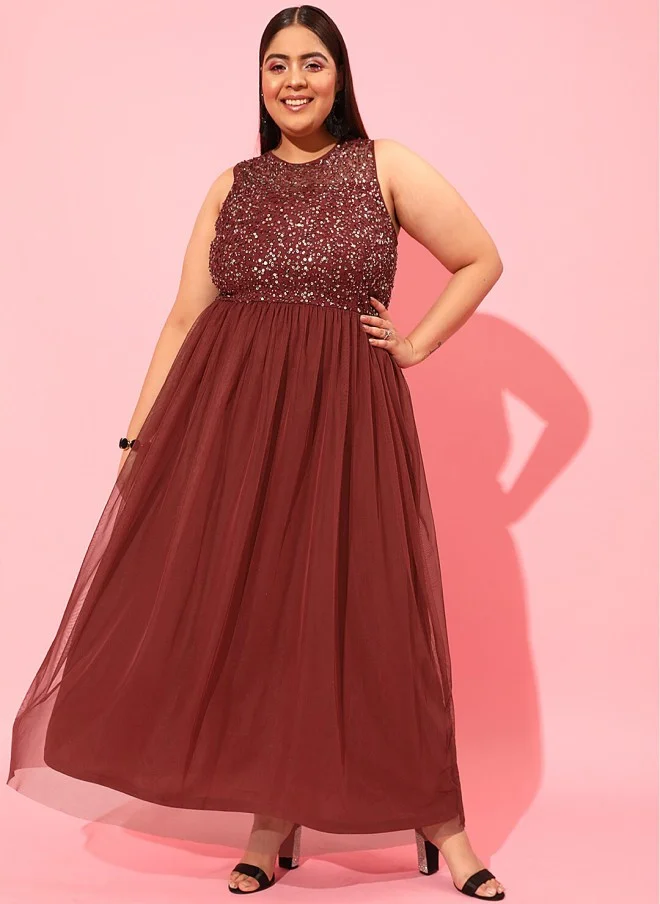 CURVY STREET Burgundy Plus Size Embellished Net Dress for Women