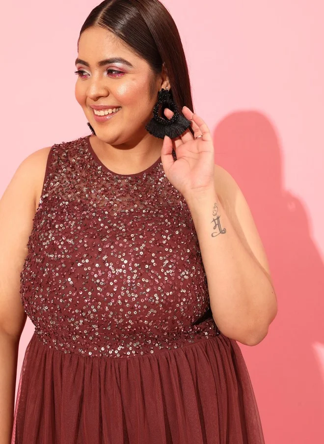 CURVY STREET Burgundy Plus Size Embellished Net Dress for Women