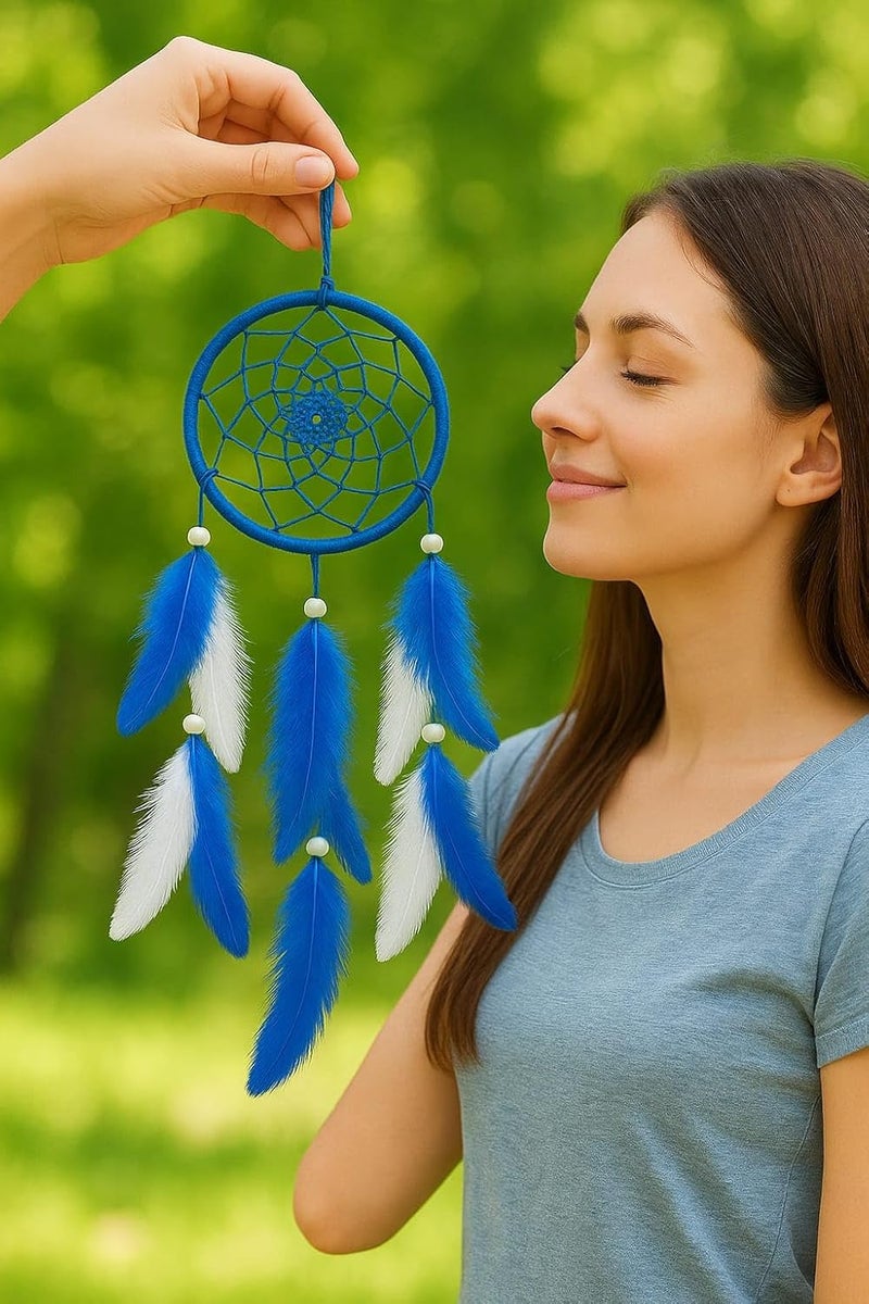 ThincAmaxe Evil Eye 3 Inch Dream Catcher for Wall Hanging – Handmade Macrame Decor with Feathers | Boho Wall Decor for Bedroom, Living Room, Office | Spiritual Protection Gift (Blue Spider Web) - Image 3