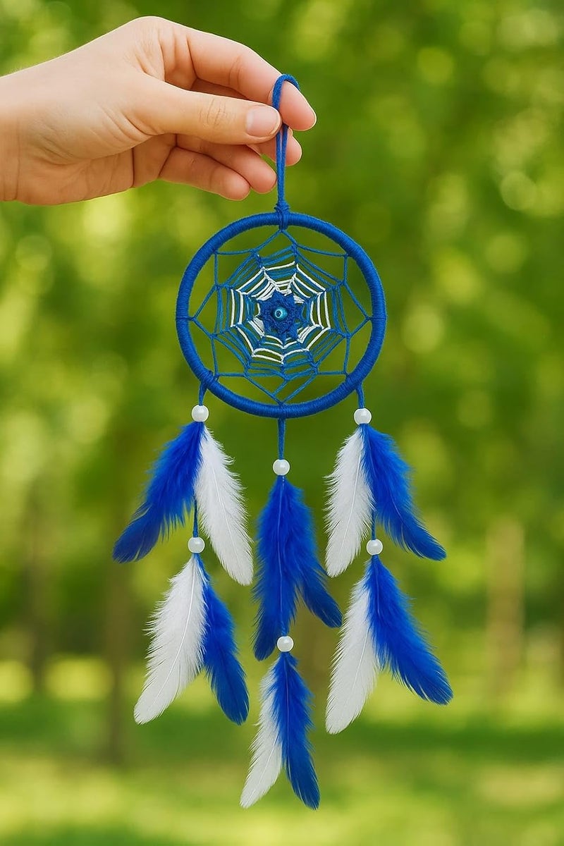 ThincAmaxe Evil Eye 3 Inch Dream Catcher for Wall Hanging – Handmade Macrame Decor with Feathers | Boho Wall Decor for Bedroom, Living Room, Office | Spiritual Protection Gift (Blue Spider Web) - Image 1