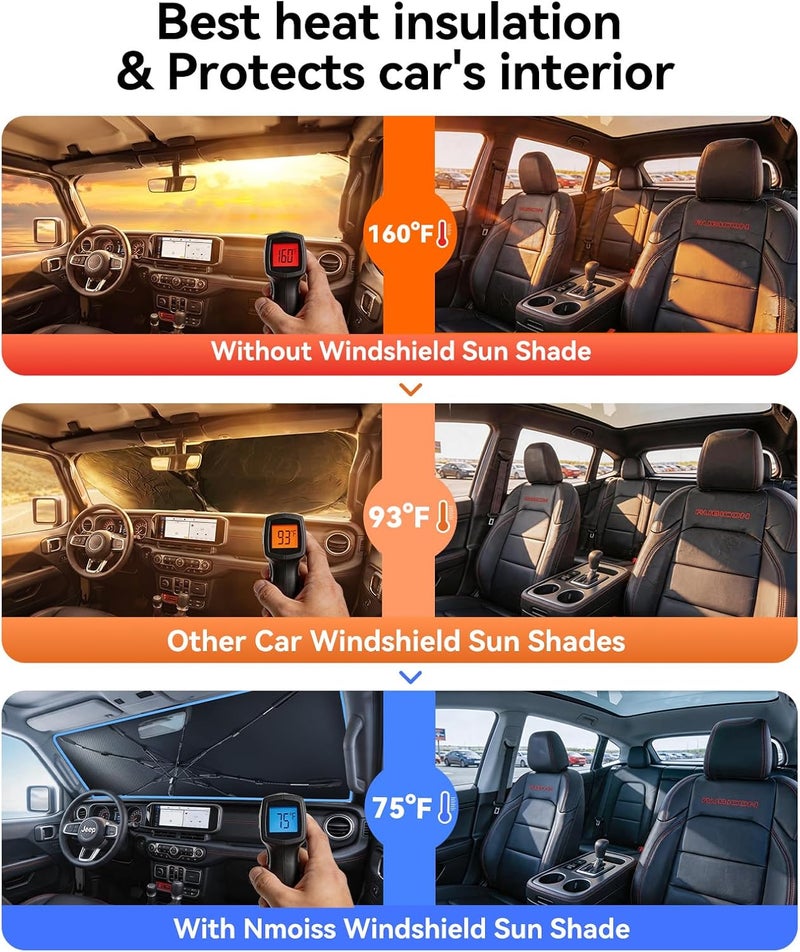 Nmoiss Windshield Sun Shade Umbrella for Jeep - [Vinyl Coating Heat Shield] Protect Car from Sun Rays & Heat Damage Keep Cool and Protect Interior, Spring Structure Edge - Image 2