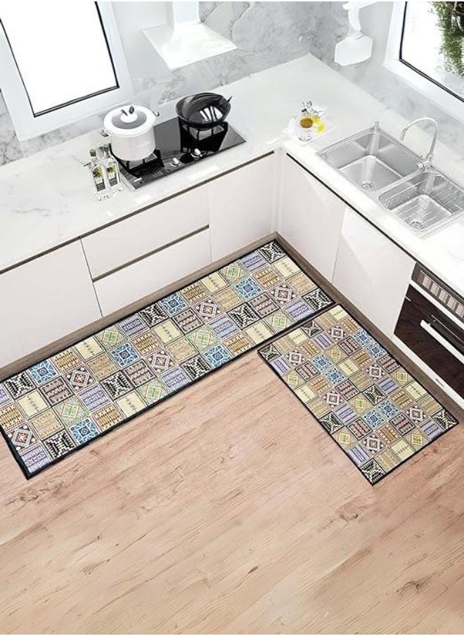 Lukadah Lukadah Kitchen Rugs and Mats Washable 2 Piece Set - Non-Skid Soft Absorbent Kitchen Mats Set for Floor, Comfort Runner Rug Carpets for Kitchen Floor(Patches Artwork)  - Image 1