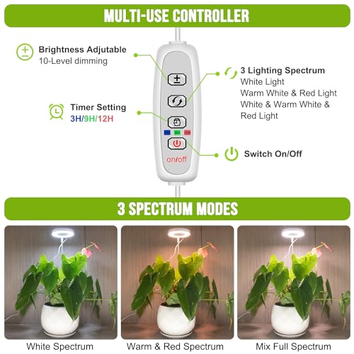 Kullsinss Grow Lights for Indoor Plants, 48 LEDs Full Spectrum Halo Plant Light for Indoor Plants, Height Adjustable Growing Lamp with Detachable Base, 3/9/12Hrs Timer, 10 Brightness, 3-Pack - Image 3