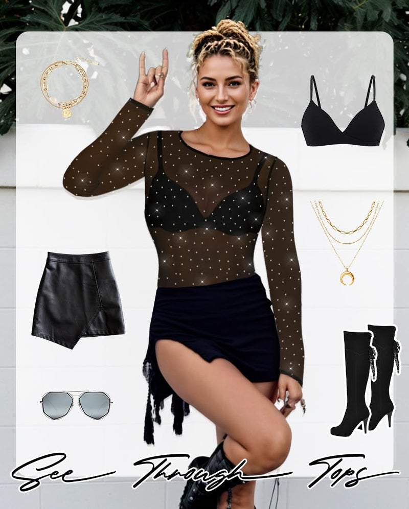 CHICGAL Women's Mesh Tops Sheer Long Sleeve Tee Shirts Bodycon See Through Blouse Clubwear(Black Rhinestone,L) - Image 4