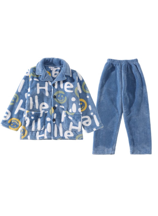 Zisehy Purple Floral Language [fleece Lined Thickened] Coral Fleece Autumn Winter Pajamas Warm Boys Flannel Children Blue Size 110 - Image 2