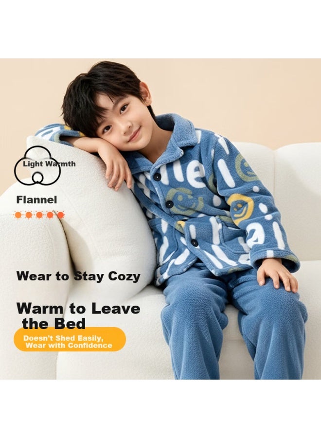 Zisehy Purple Floral Language [fleece Lined Thickened] Coral Fleece Autumn Winter Pajamas Warm Boys Flannel Children Blue Size 110 - Image 1