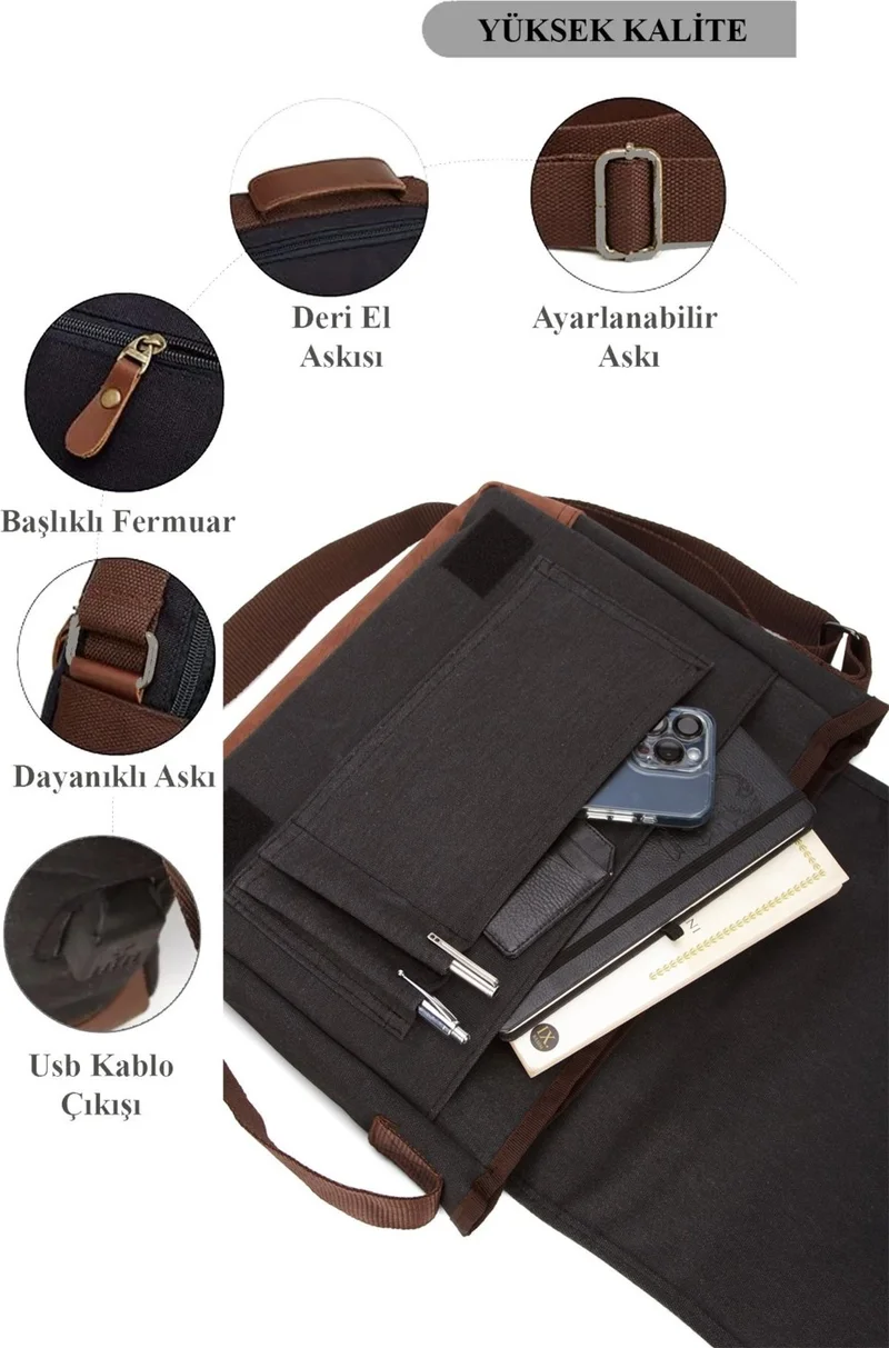 Avca Horizontal Unisex Black Canvas Fabric Cross Shoulder Strap Multi-Compartment Laptop Macbook Tablet Shoulder Bag