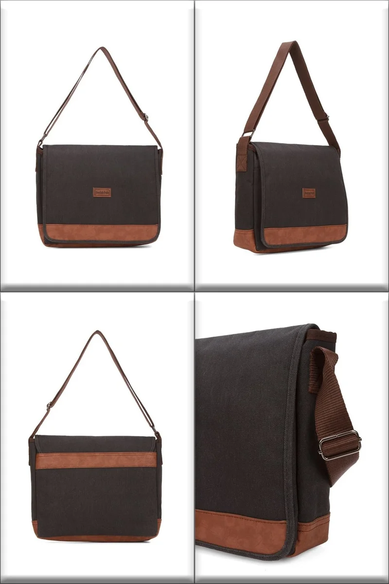 Avca Horizontal Unisex Black Canvas Fabric Cross Shoulder Strap Multi-Compartment Laptop Macbook Tablet Shoulder Bag