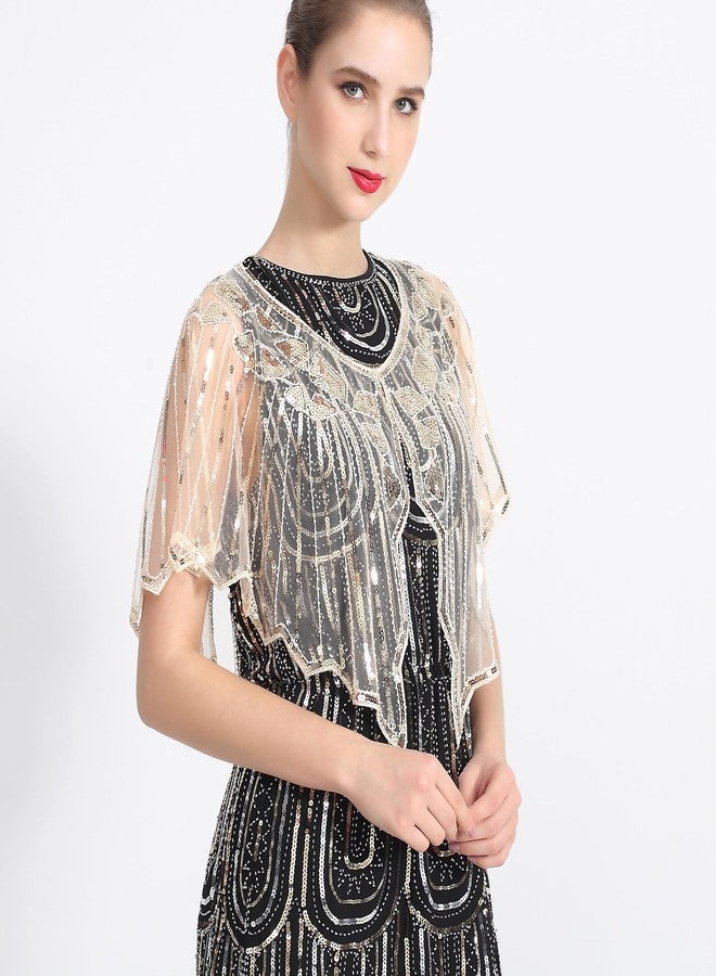 ZLTdream Shawls and Wraps for Evening Dresses 1920s Shawl Sequin Beaded Evening Cape Bolero Flapper Cover Up For Party Daily Gold - Image 3