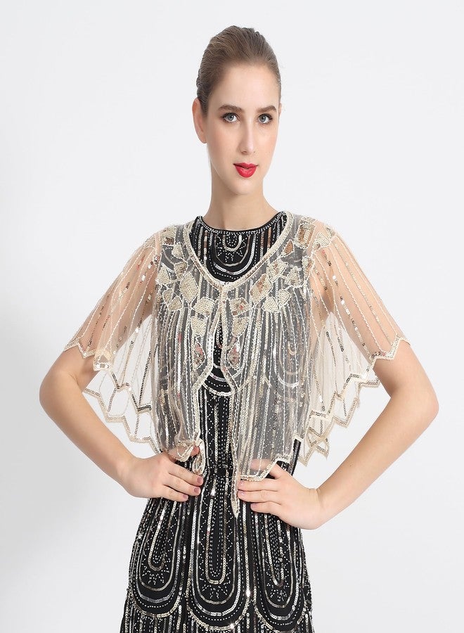 ZLTdream Shawls and Wraps for Evening Dresses 1920s Shawl Sequin Beaded Evening Cape Bolero Flapper Cover Up For Party Daily Gold - Image 2