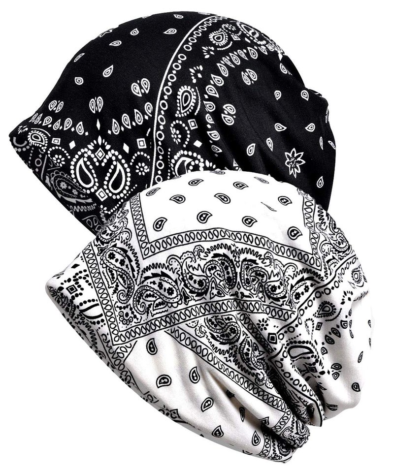 Qunson Women's Printed Baggy Slouchy Beanie Chemo Hat Cap Pack of 2 - Image 1