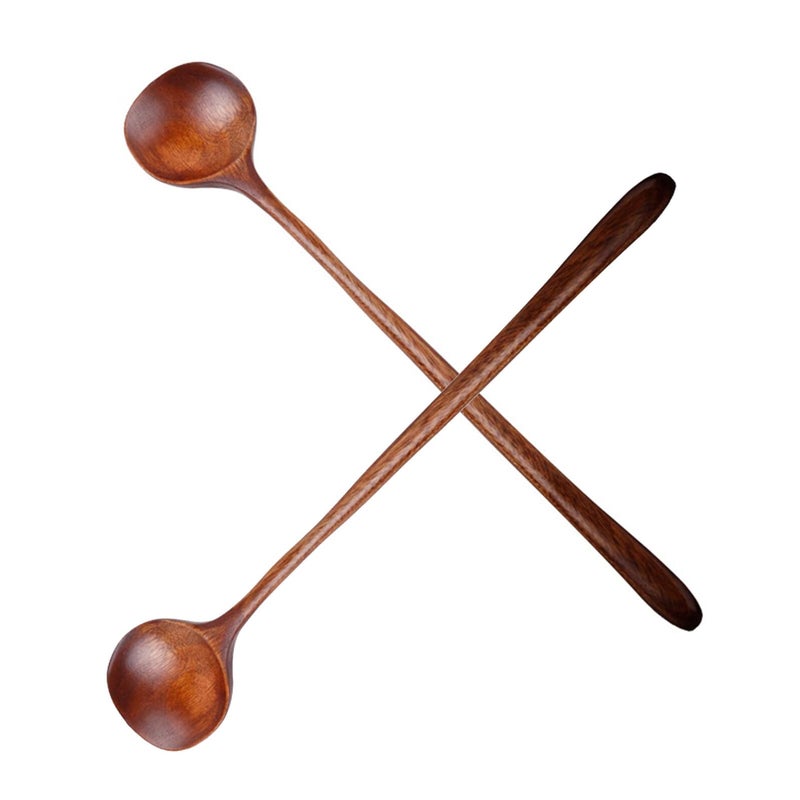 Long Handle Wooden Stirring Spoons 2 Pack 11 Inch Smooth Lacquer Finish Soup Ladles Kitchen - Image 2