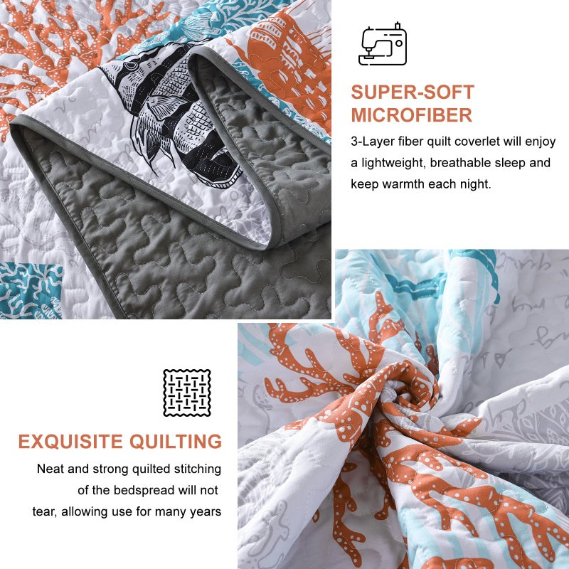 Djoymock Djoymock Beach King Size Quilt Set 3 Piece Coastal Ocean Bedspread Coverlet Set with Pillowcases Lightweight Orange Nautical Patchwork Bedding Set Soft Microfiber Comforter for All Season 104""x90""  - Image 5