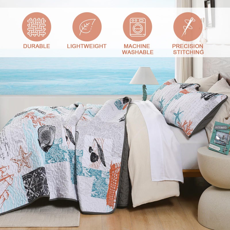 Djoymock Djoymock Beach King Size Quilt Set 3 Piece Coastal Ocean Bedspread Coverlet Set with Pillowcases Lightweight Orange Nautical Patchwork Bedding Set Soft Microfiber Comforter for All Season 104""x90""  - Image 4