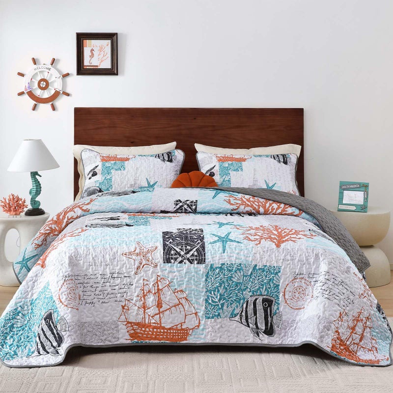 Djoymock Djoymock Beach King Size Quilt Set 3 Piece Coastal Ocean Bedspread Coverlet Set with Pillowcases Lightweight Orange Nautical Patchwork Bedding Set Soft Microfiber Comforter for All Season 104""x90""  - Image 1
