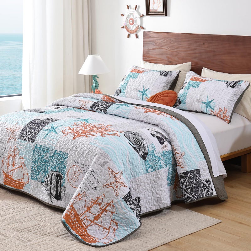 Djoymock Djoymock Beach King Size Quilt Set 3 Piece Coastal Ocean Bedspread Coverlet Set with Pillowcases Lightweight Orange Nautical Patchwork Bedding Set Soft Microfiber Comforter for All Season 104""x90""  - Image 2