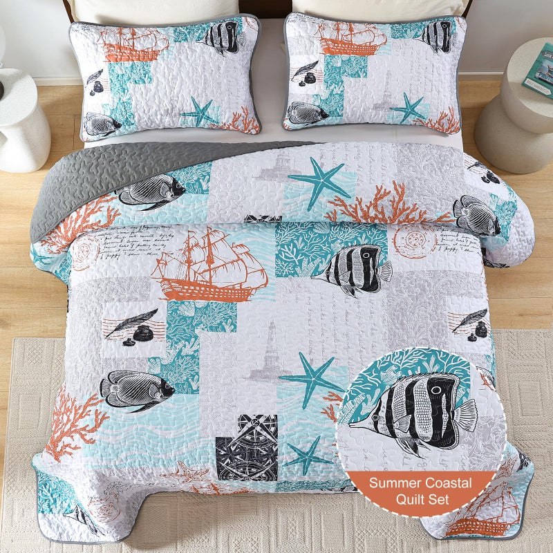 Djoymock Djoymock Beach King Size Quilt Set 3 Piece Coastal Ocean Bedspread Coverlet Set with Pillowcases Lightweight Orange Nautical Patchwork Bedding Set Soft Microfiber Comforter for All Season 104""x90""  - Image 3