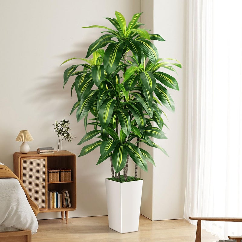 PUUKU Artificial Dracaena Tree Indoor, 5FT Tall Fake Tree with White Tall Planter, Artificial Tree Fake Yucca Potted Tree for Home Office Living Room Decor, Tall Artificial Plant for Housewarming - Image 1