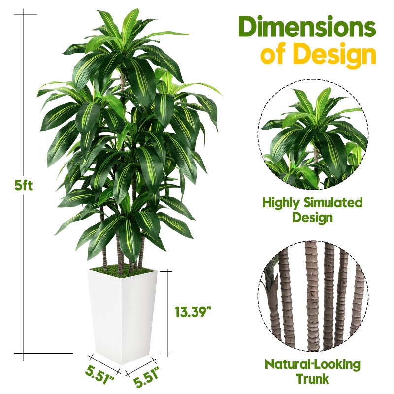 PUUKU Artificial Dracaena Tree Indoor, 5FT Tall Fake Tree with White Tall Planter, Artificial Tree Fake Yucca Potted Tree for Home Office Living Room Decor, Tall Artificial Plant for Housewarming - Image 4