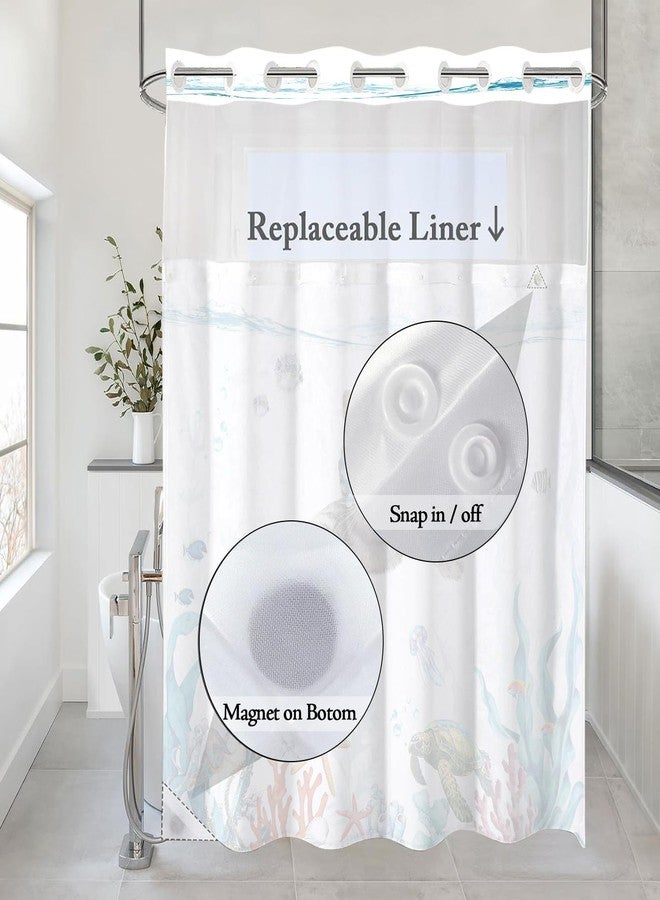 Fowocu No Hook Shower Curtain with Snap in Liner Funny Cat Nautical Shower Curtains for Bathroom Teal Blue Sea Ocean Octopus Starfish Turtle Anchor Fish Waterproof Fabric Bath Curtain Decor 71×74In - Image 5