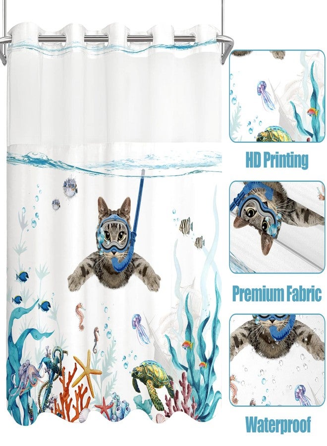Fowocu No Hook Shower Curtain with Snap in Liner Funny Cat Nautical Shower Curtains for Bathroom Teal Blue Sea Ocean Octopus Starfish Turtle Anchor Fish Waterproof Fabric Bath Curtain Decor 71×74In - Image 4