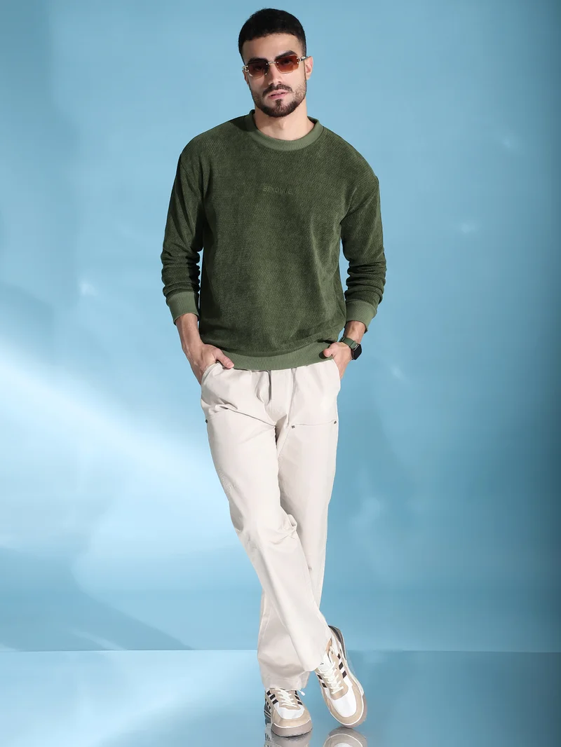 بيونغ سترة قطنية خضراء زيتونية بمرقعات عند المرفق