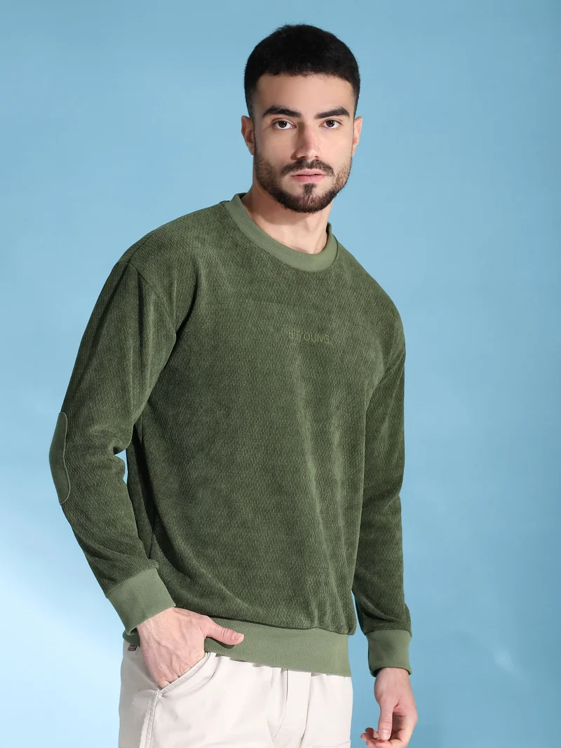 Beyoung Olive Green Elbow Patch Sweatshirt